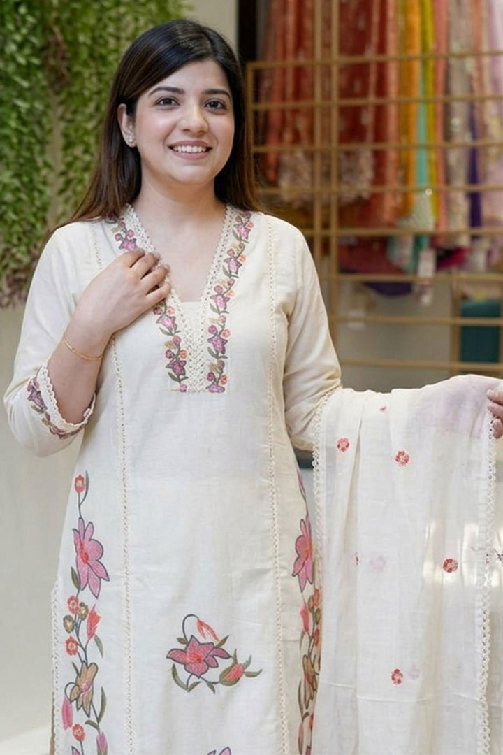 Cream Color Embroidered Readymade Cotton Salwar Suit