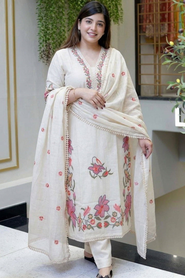 Cream Color Embroidered Readymade Cotton Salwar Suit