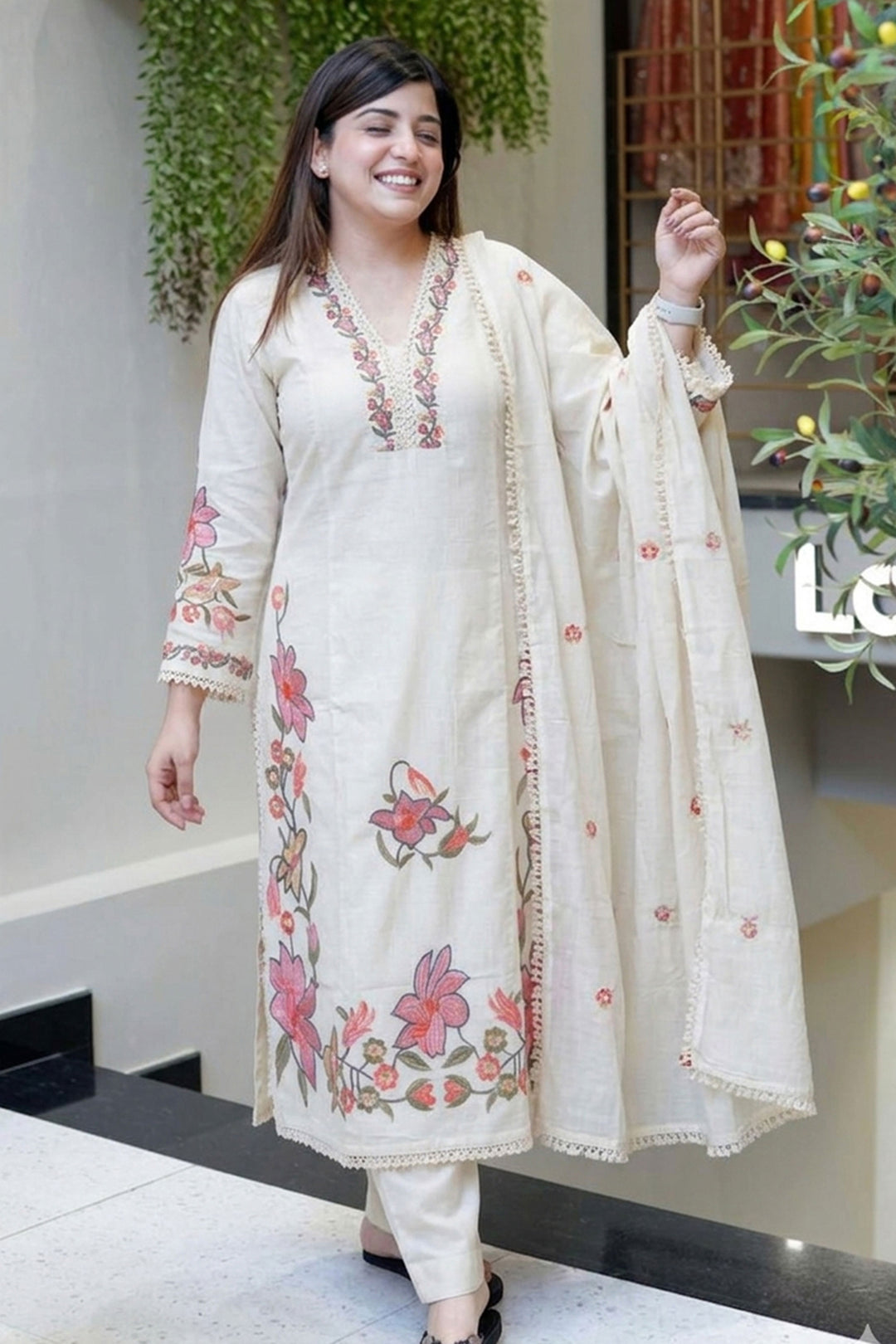 Cream Color Embroidered Readymade Cotton Salwar Suit