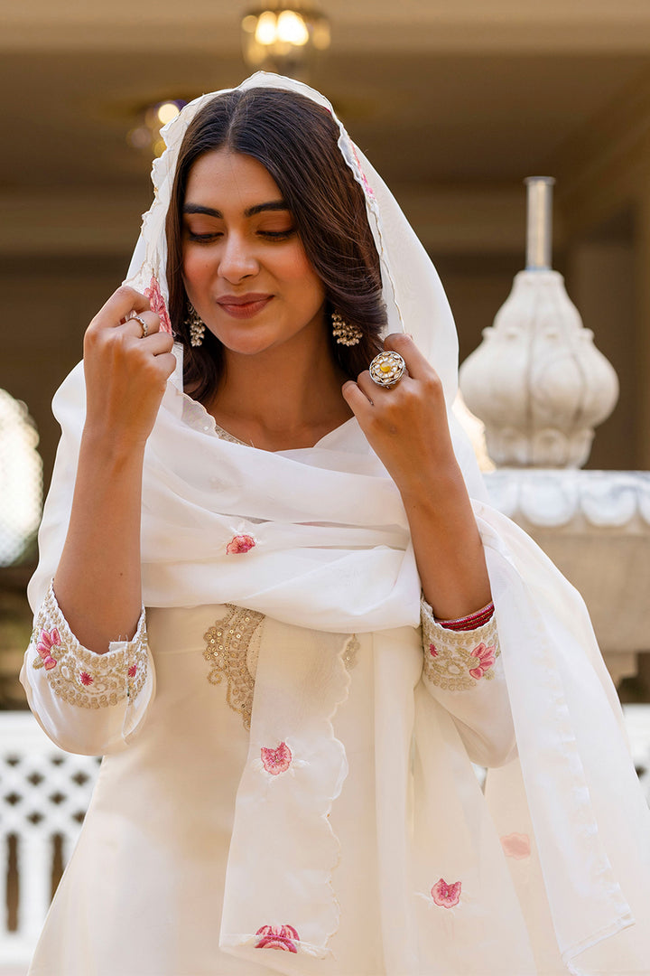Satin Fabric Readymade Salwar Suit In Off White Color