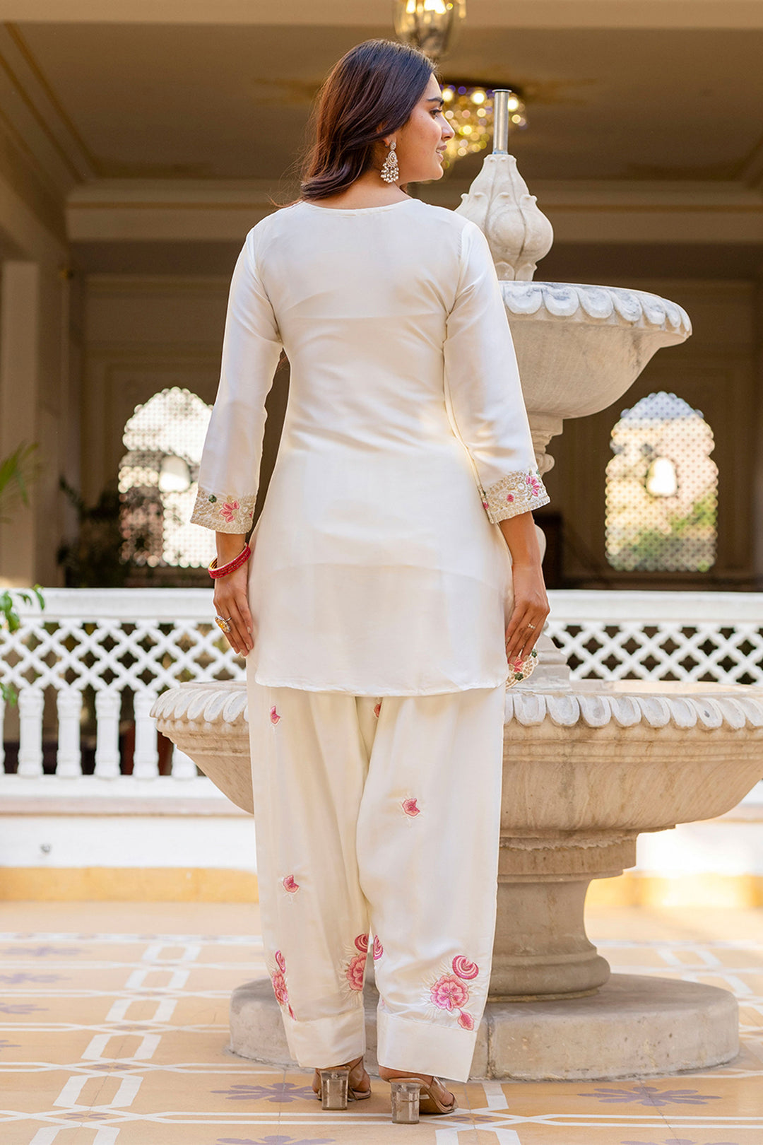 Satin Fabric Readymade Salwar Suit In Off White Color
