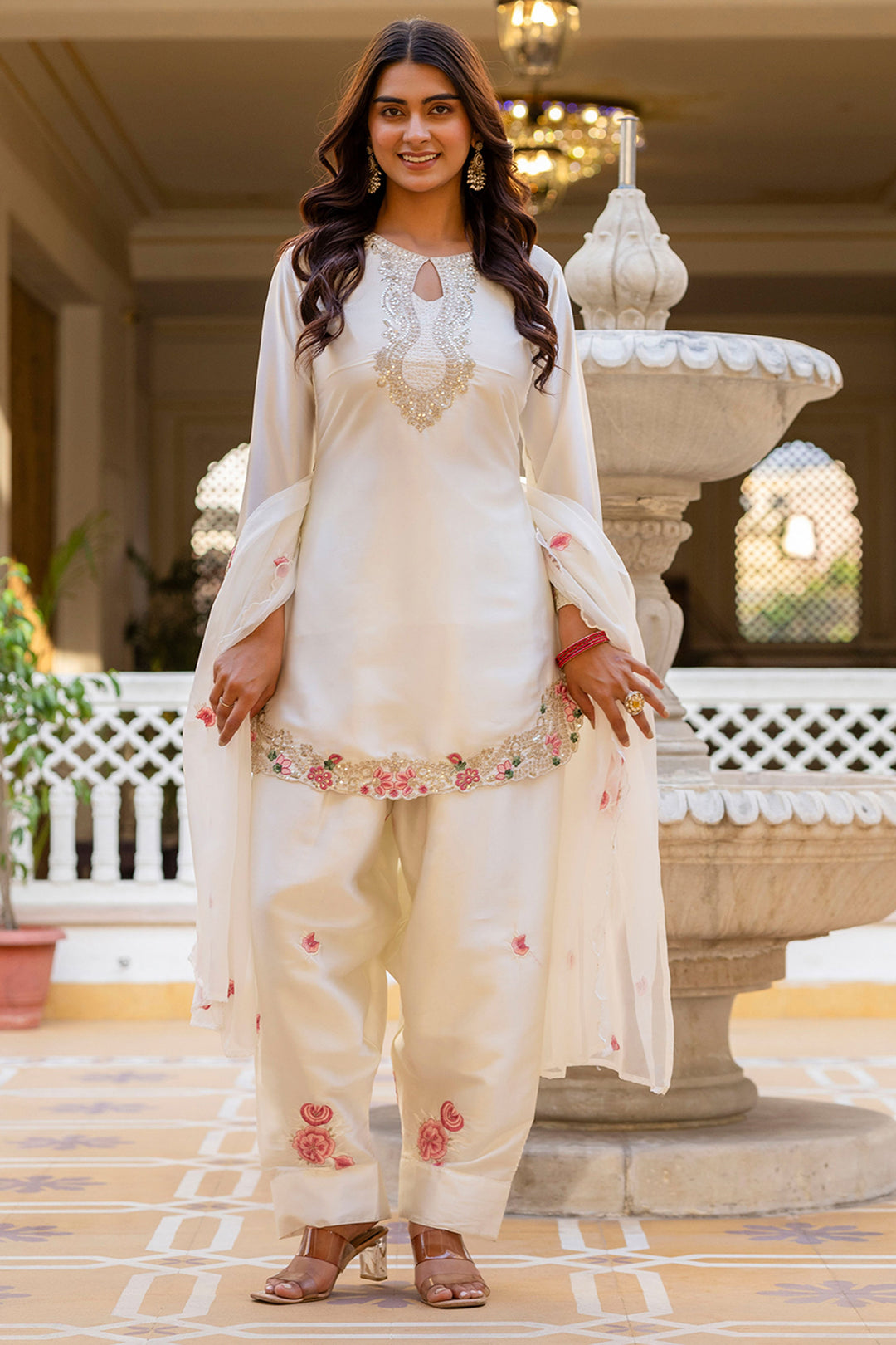 Satin Fabric Readymade Salwar Suit In Off White Color