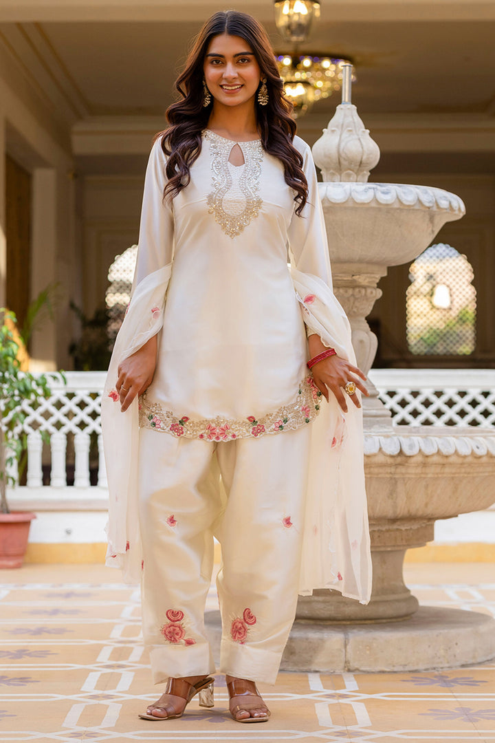Satin Fabric Readymade Salwar Suit In Off White Color