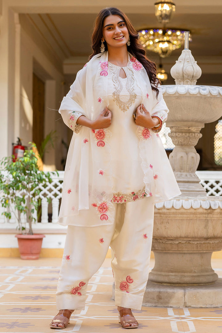 Satin Fabric Readymade Salwar Suit In Off White Color