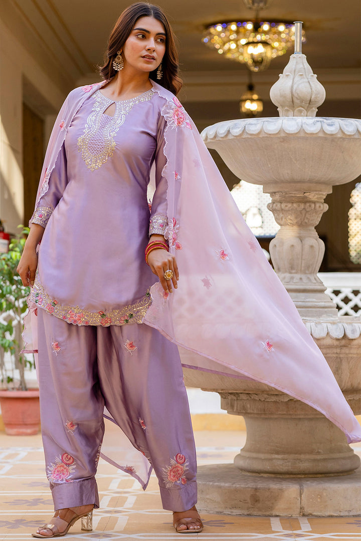 Lavender Color Satin Fabric Readymade Embroidered Salwar Suit