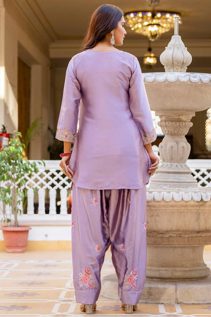 Lavender Color Satin Fabric Readymade Embroidered Salwar Suit