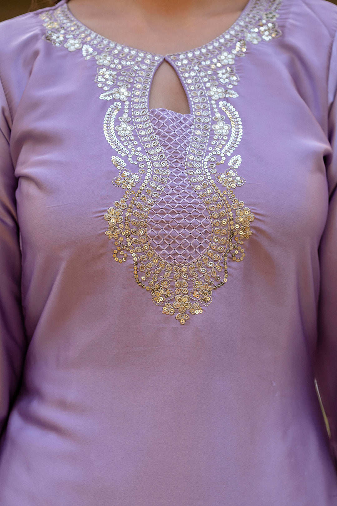 Lavender Color Satin Fabric Readymade Embroidered Salwar Suit
