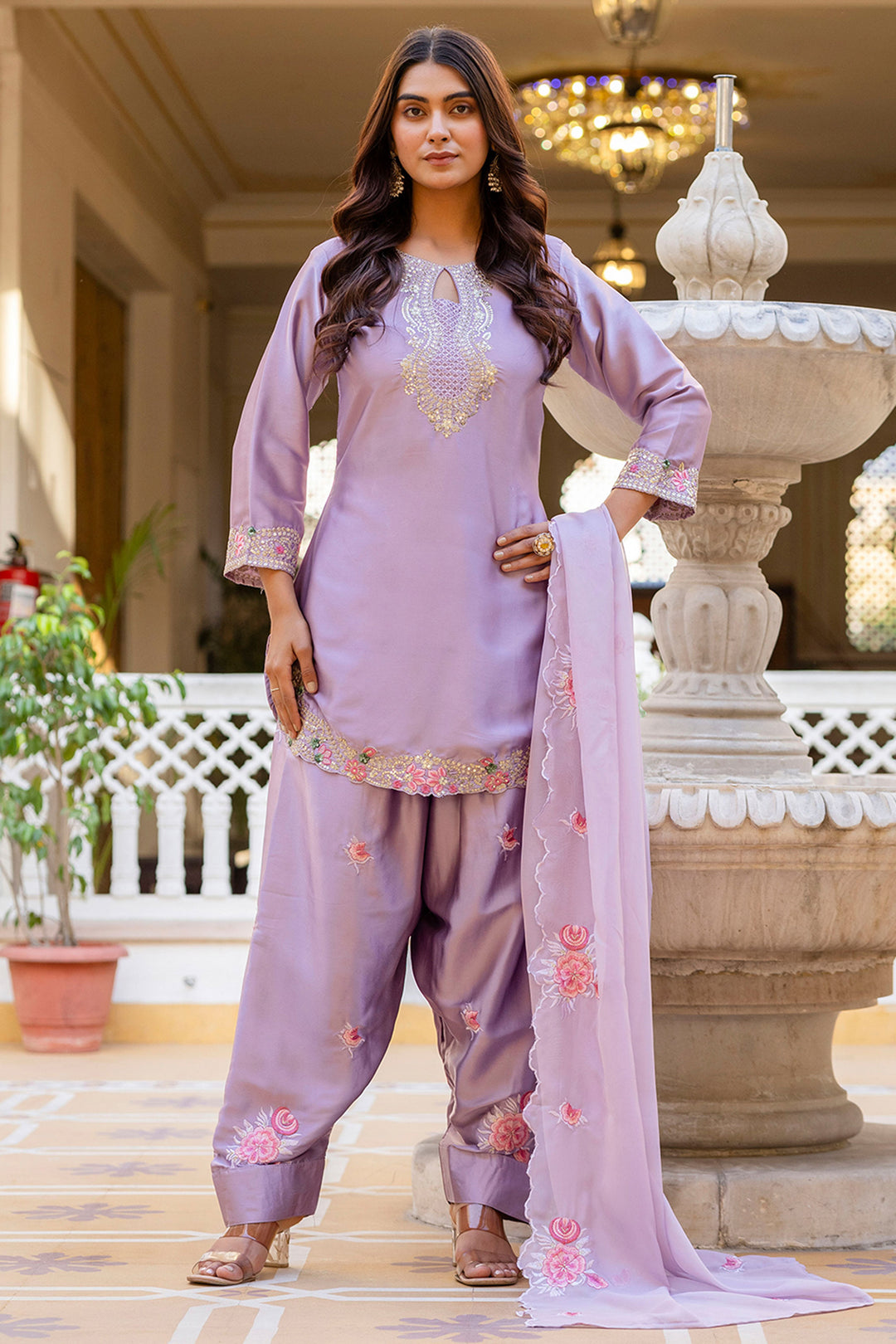 Lavender Color Satin Fabric Readymade Embroidered Salwar Suit