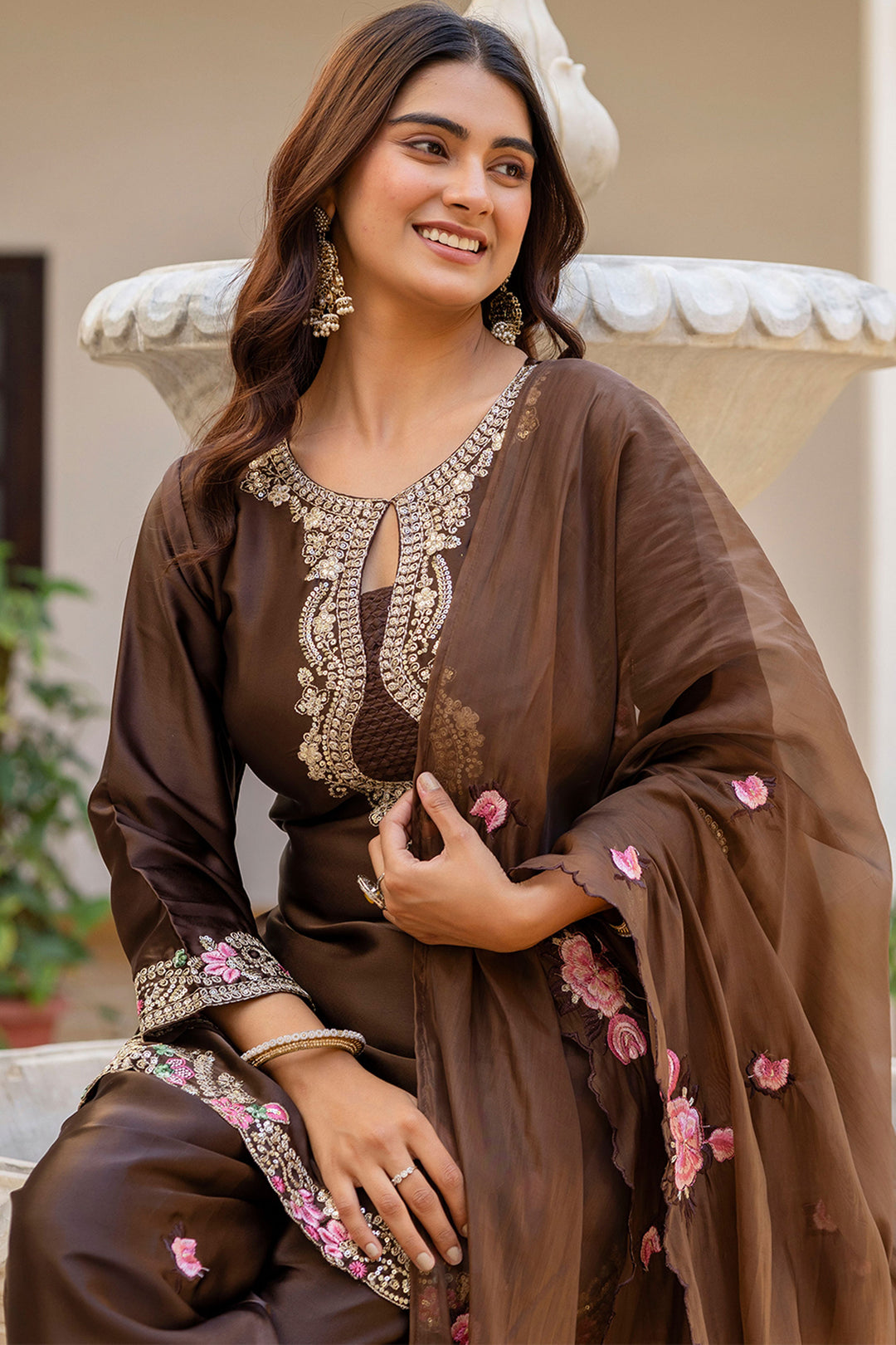 Satin Fabric Brown Color Embroidered Readymade Salwar Suit