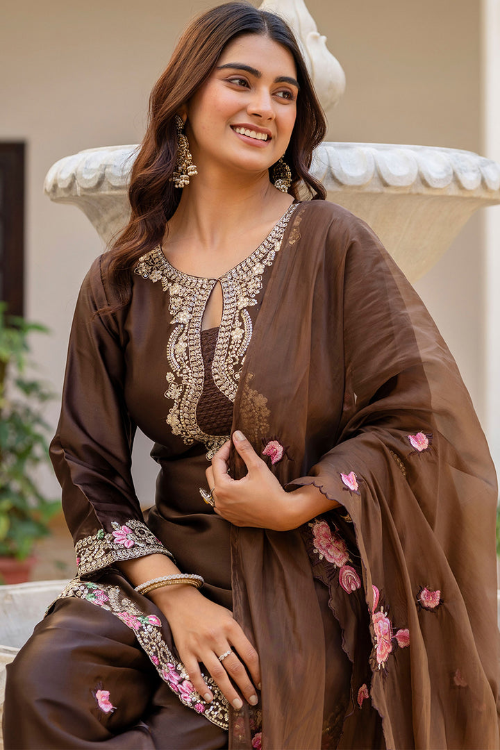 Satin Fabric Brown Color Embroidered Readymade Salwar Suit