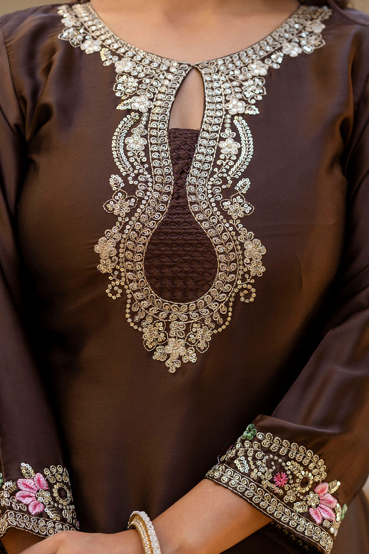 Satin Fabric Brown Color Embroidered Readymade Salwar Suit