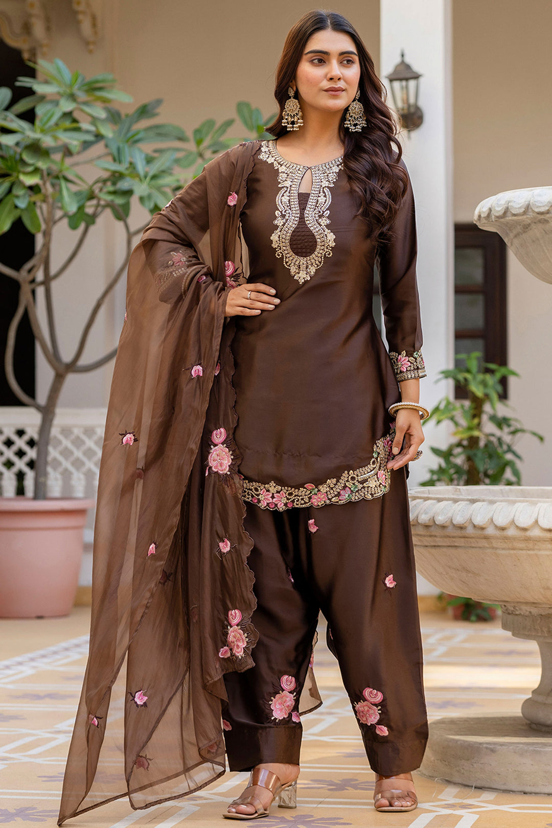 Satin Fabric Brown Color Embroidered Readymade Salwar Suit