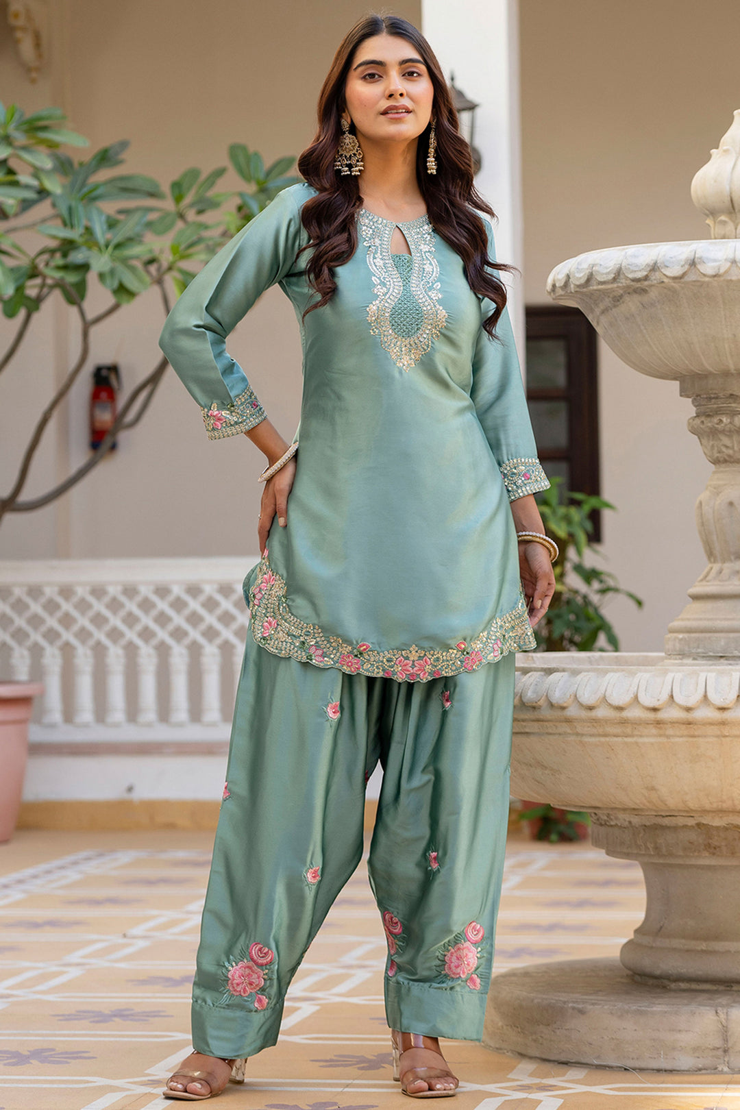 Satin Fabric Sea Green Embroidered Readymade Salwar Suit