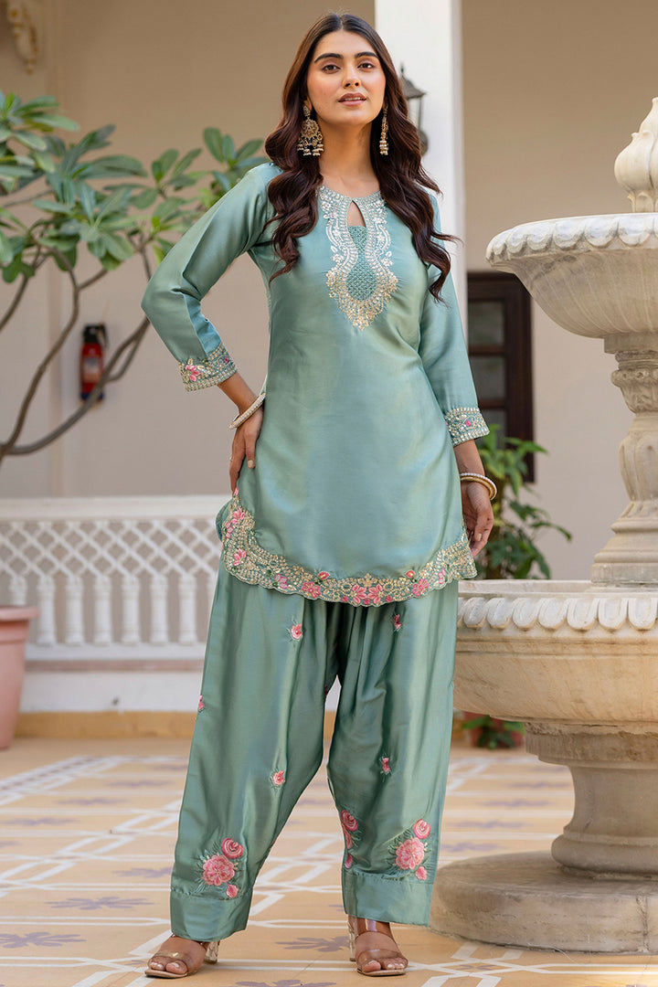 Satin Fabric Sea Green Embroidered Readymade Salwar Suit