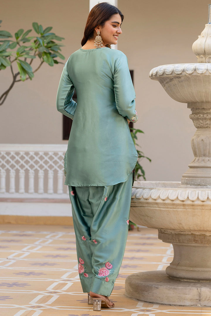 Satin Fabric Sea Green Embroidered Readymade Salwar Suit