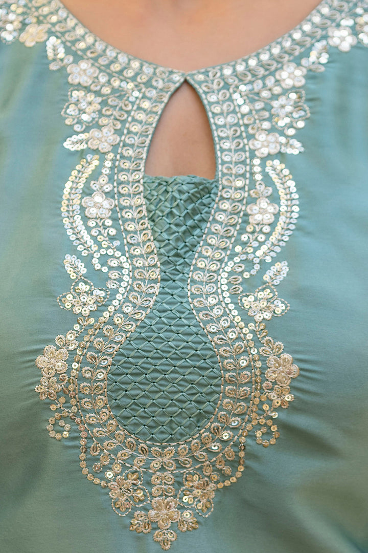 Satin Fabric Sea Green Embroidered Readymade Salwar Suit