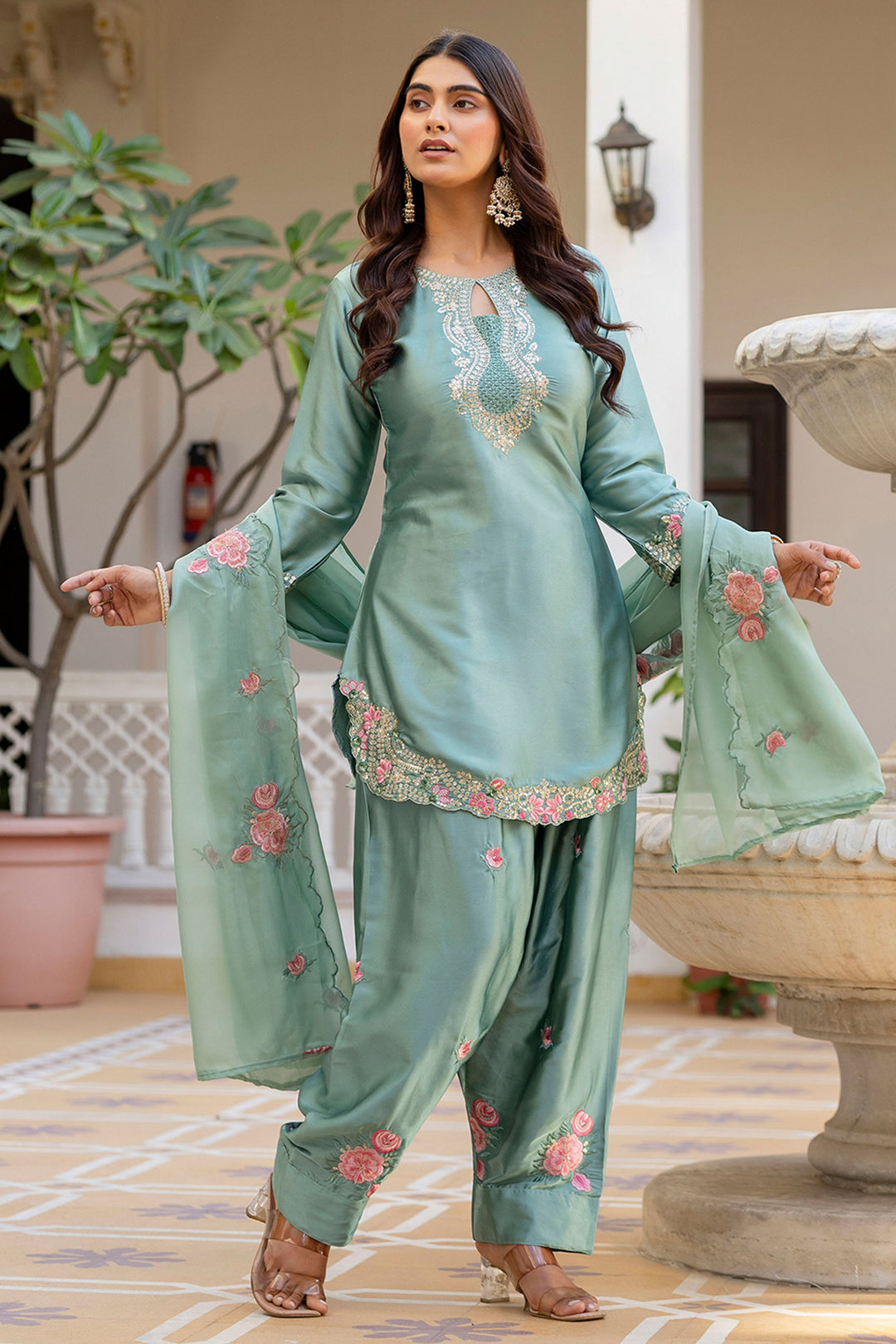 Satin Fabric Sea Green Embroidered Readymade Salwar Suit