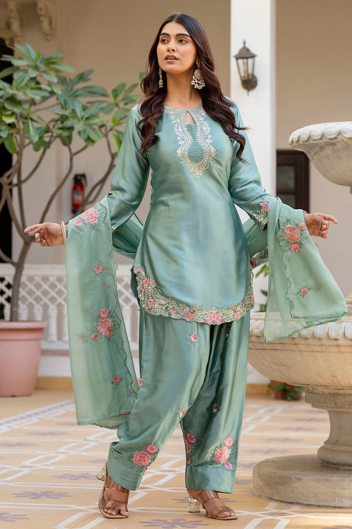 Satin Fabric Sea Green Embroidered Readymade Salwar Suit
