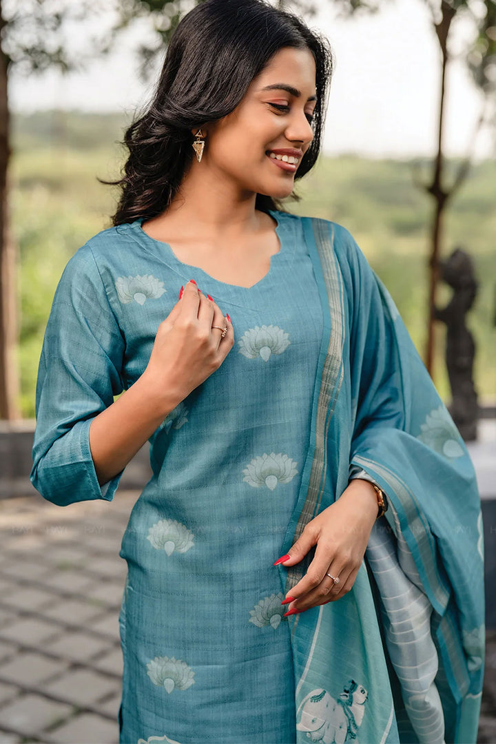 Teal Color Cotton Printed Readymade Salwar Suit