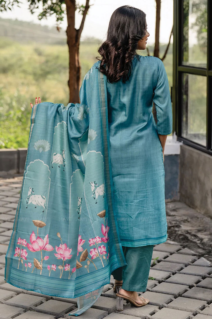 Teal Color Cotton Printed Readymade Salwar Suit