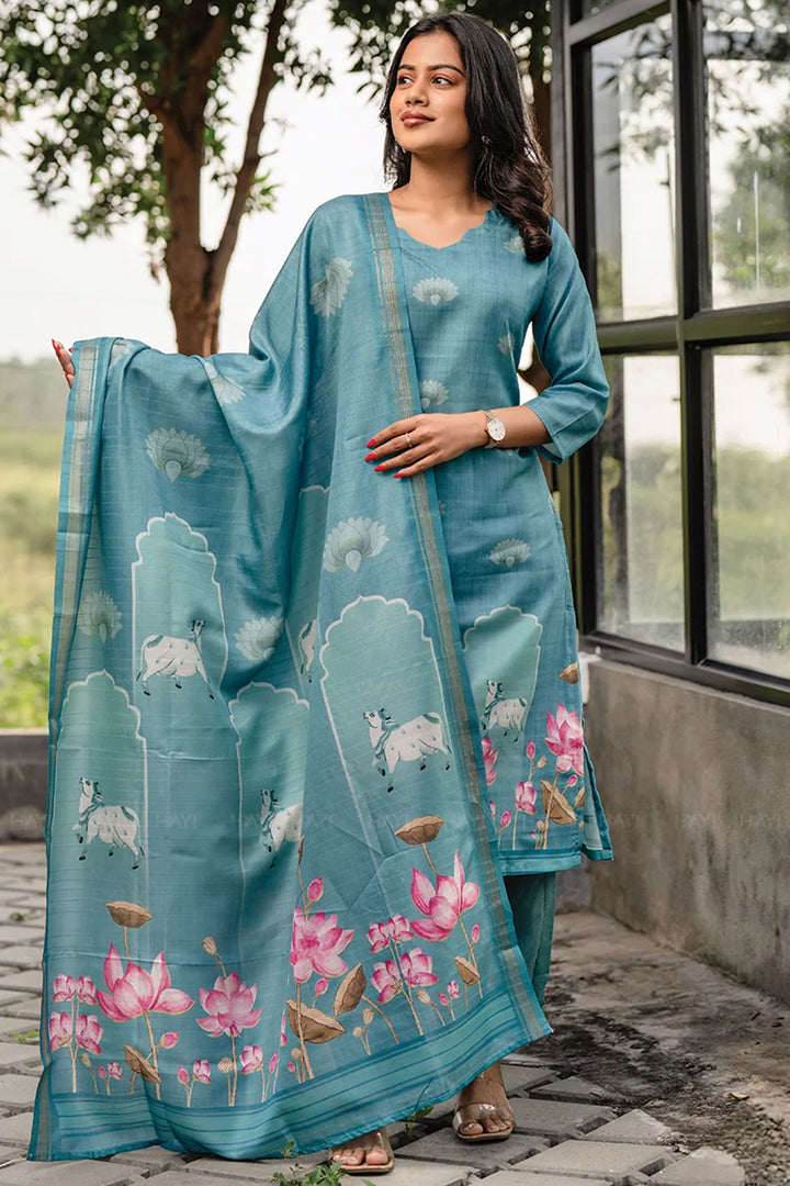 Teal Color Cotton Printed Readymade Salwar Suit