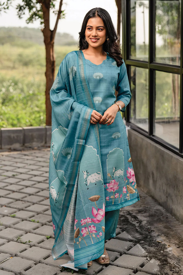 Teal Color Cotton Printed Readymade Salwar Suit