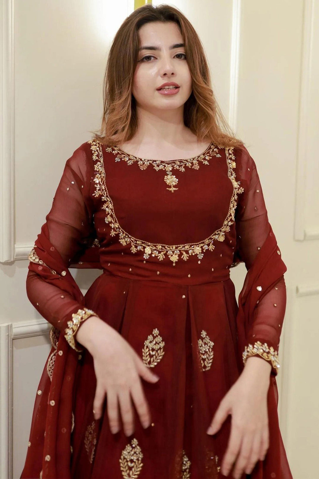 Georgette Fabric Maroon Readymade Top With Dupatta