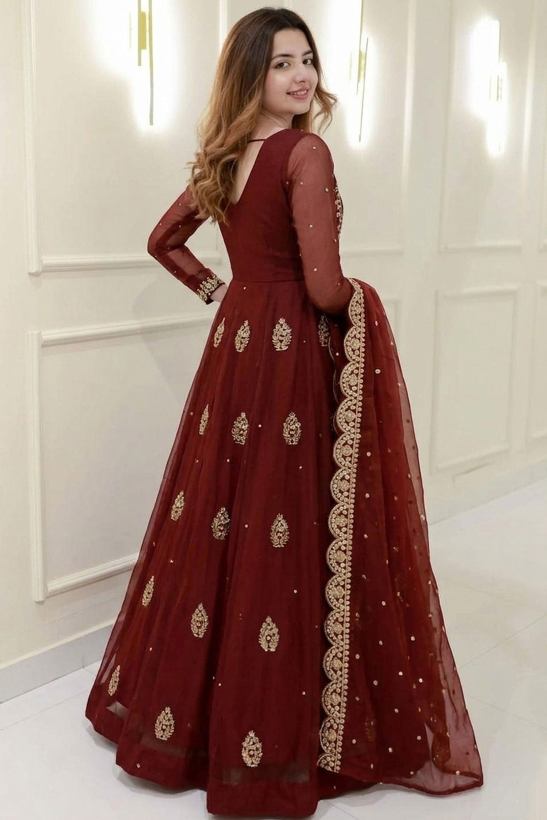 Georgette Fabric Maroon Readymade Top With Dupatta