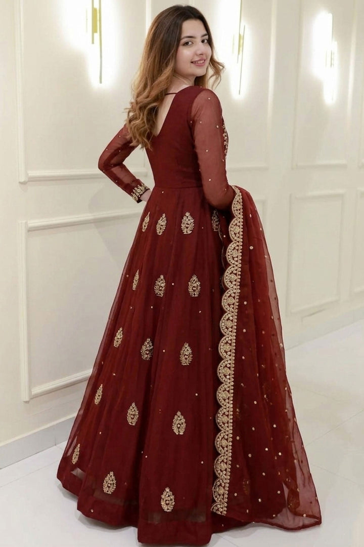 Georgette Fabric Maroon Readymade Top With Dupatta