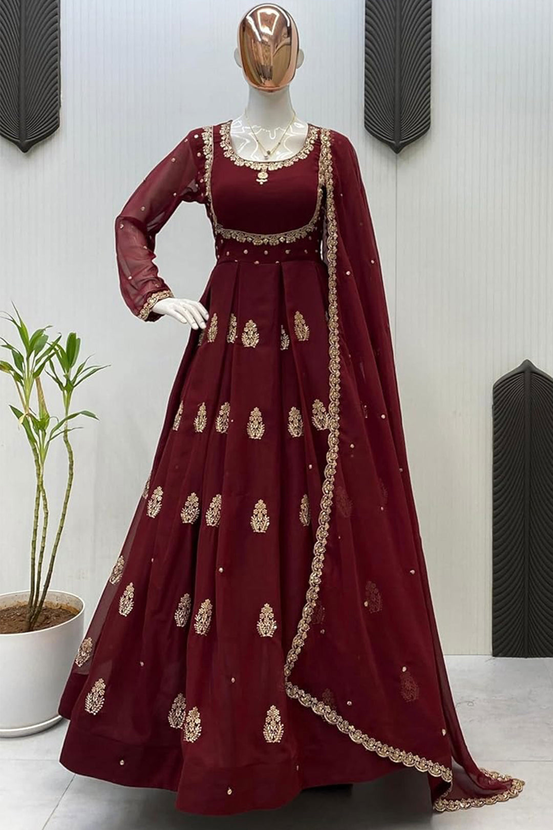 Georgette Fabric Maroon Readymade Top With Dupatta