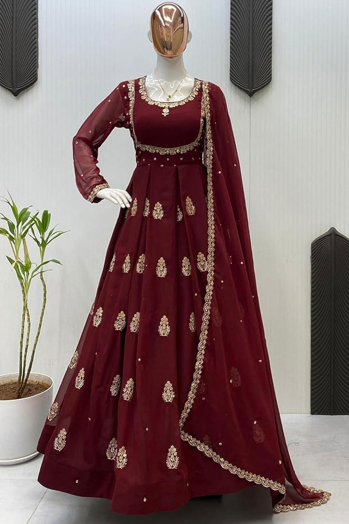 Georgette Fabric Maroon Readymade Top With Dupatta