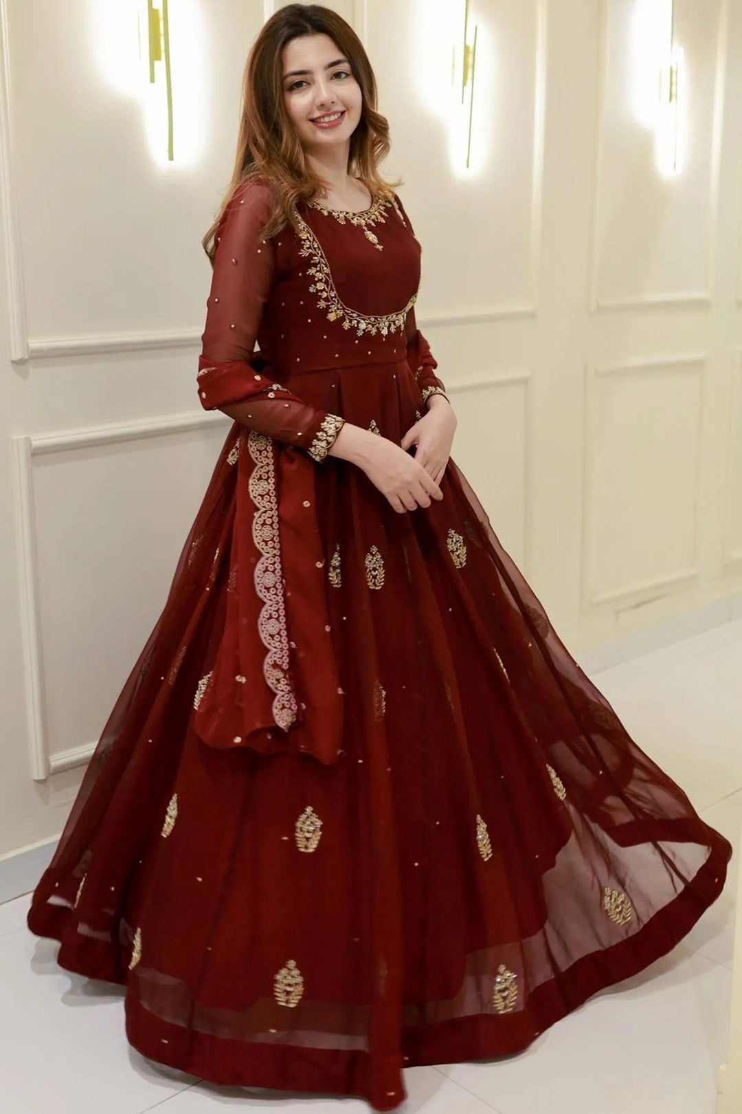 Georgette Fabric Maroon Readymade Top With Dupatta