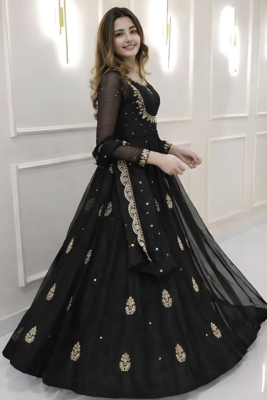 Black Georgette Fabric Engaging Readymade Top With Dupatta