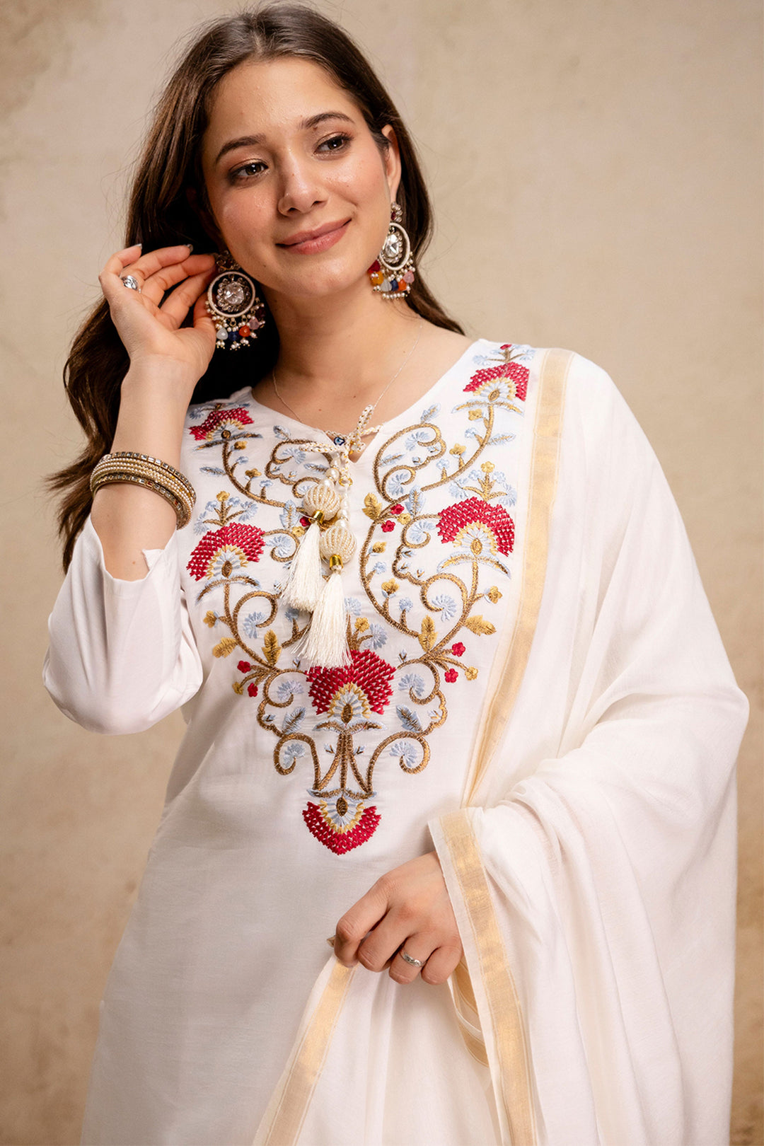 White Color Sober Readymade Salwar Suit In Fancy Fabric