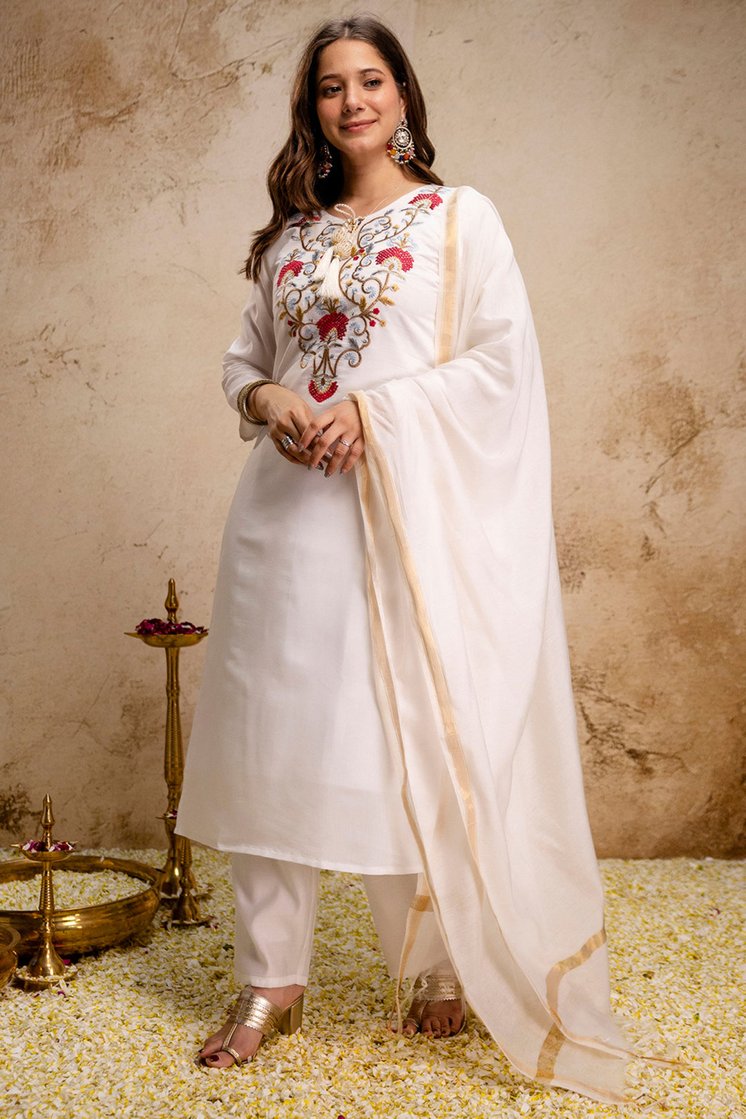 White Color Sober Readymade Salwar Suit In Fancy Fabric