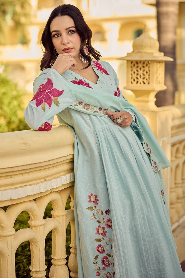 Creative Sea Green Color Cotton Readymade Embroidered Salwar Suit