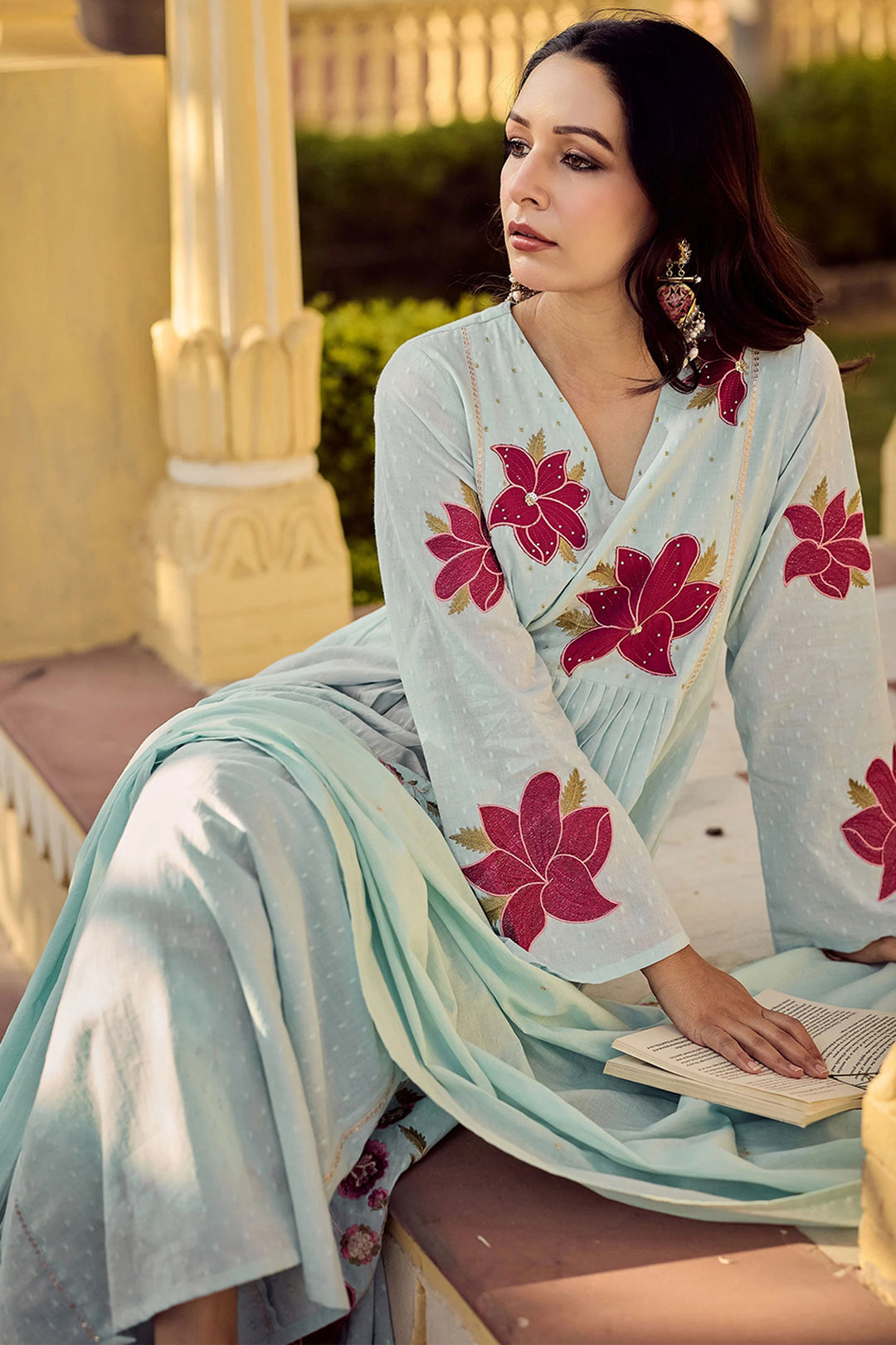 Creative Sea Green Color Cotton Readymade Embroidered Salwar Suit