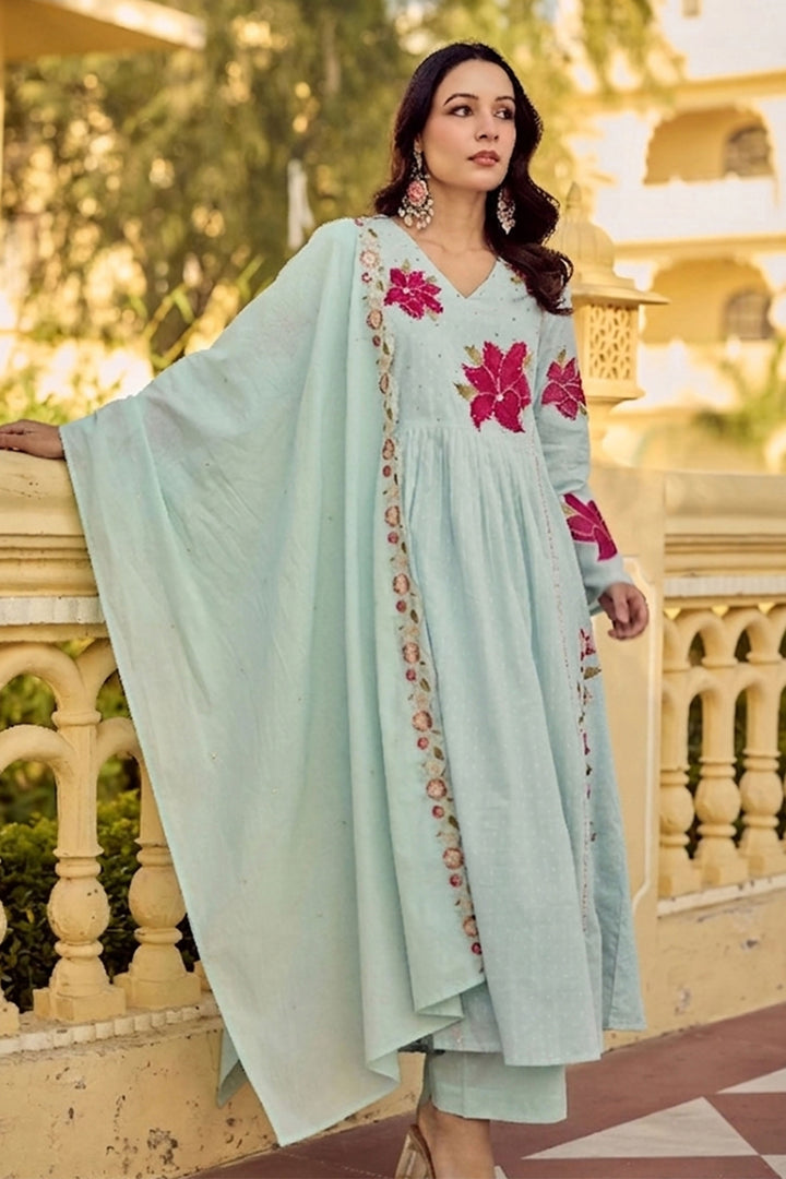 Creative Sea Green Color Cotton Readymade Embroidered Salwar Suit