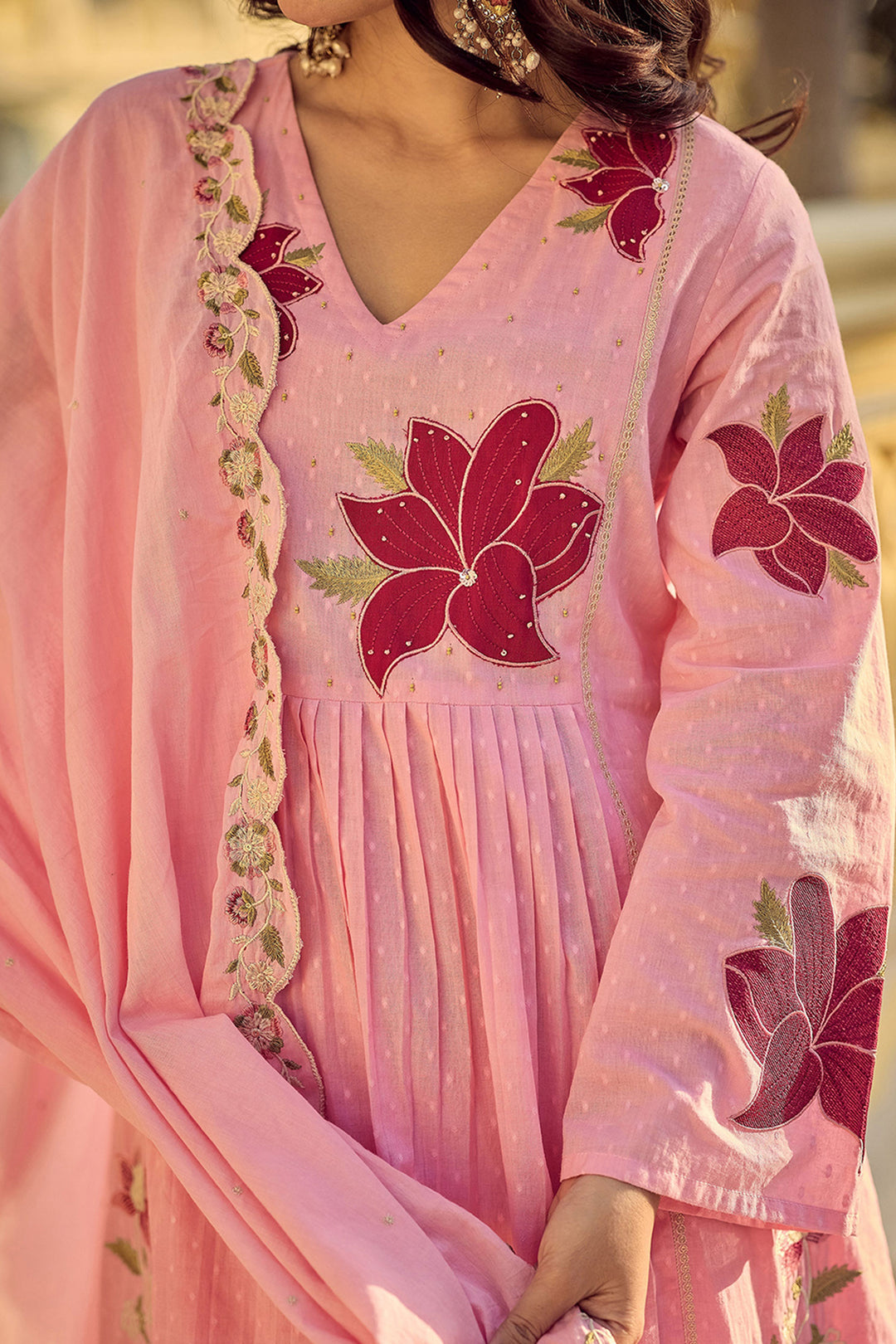 Excellent Cotton Peach Color Readymade Embroidered Salwar Suit