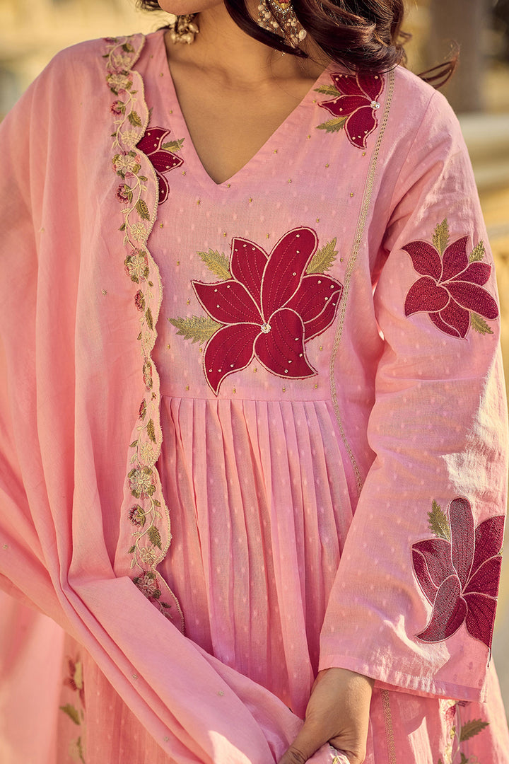 Excellent Cotton Peach Color Readymade Embroidered Salwar Suit