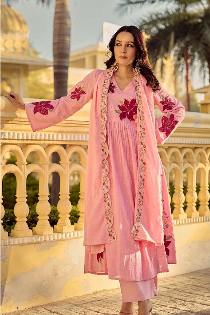 Excellent Cotton Peach Color Readymade Embroidered Salwar Suit
