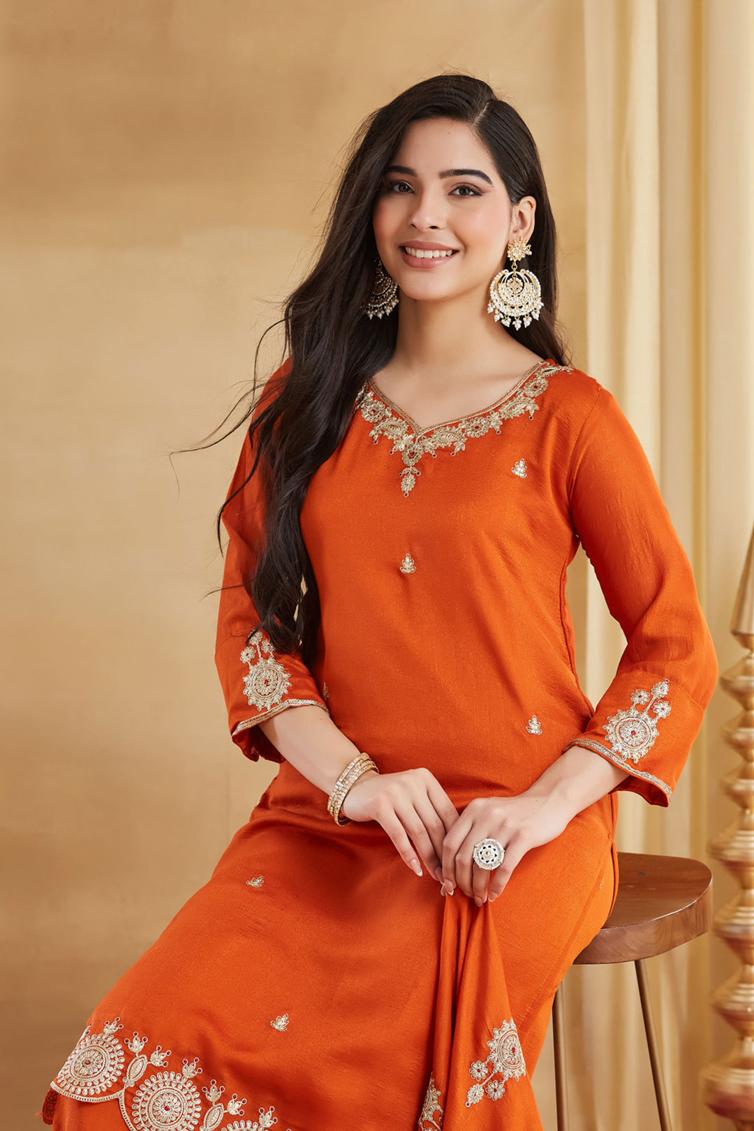 Vichitra Silk Orange Color Attractive Readymade Salwar Suit