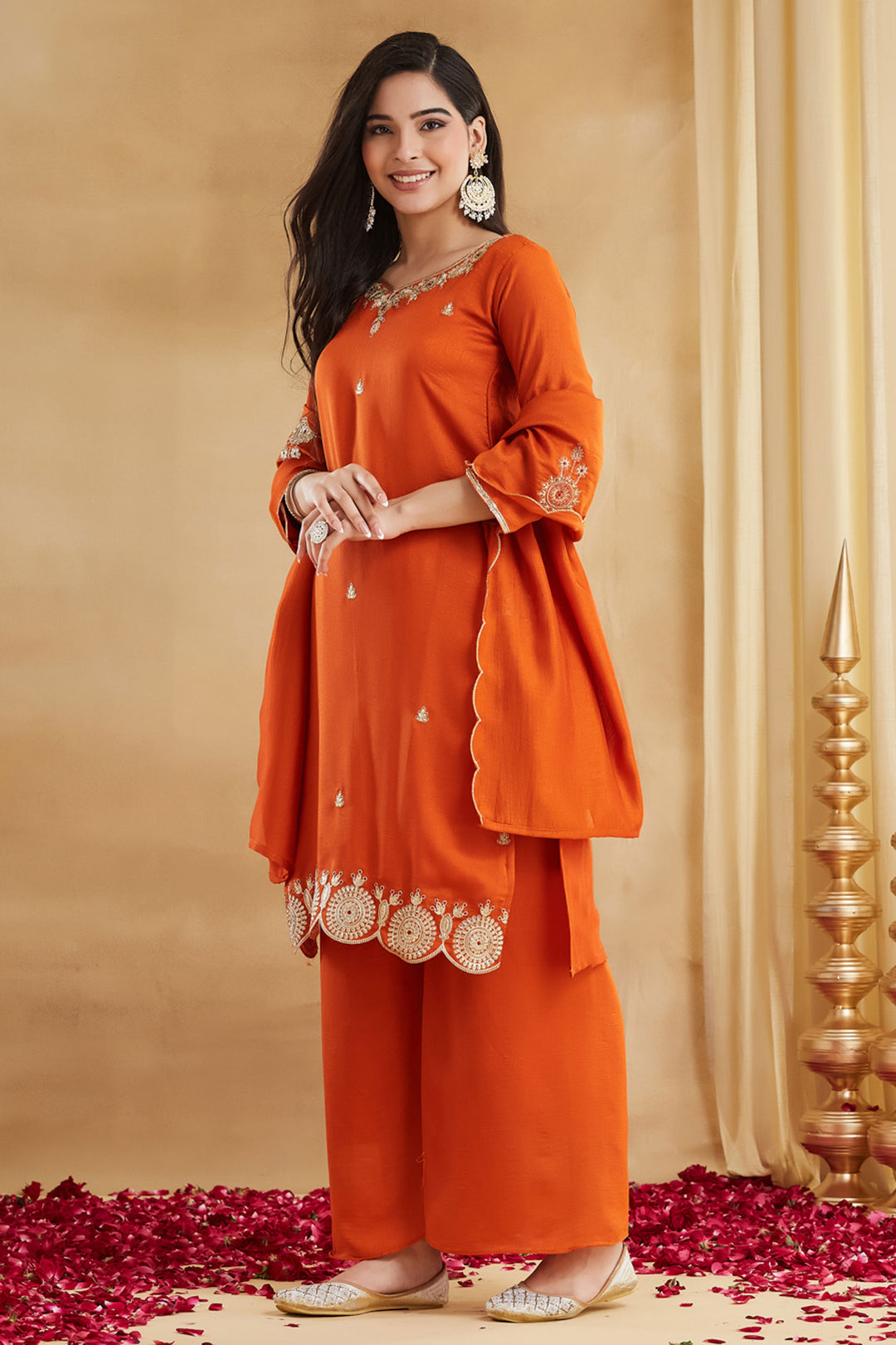 Vichitra Silk Orange Color Attractive Readymade Salwar Suit