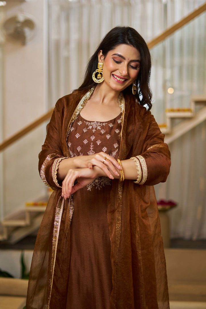 Brown Color Vichitra Silk Beautiful Readymade Salwar Suit
