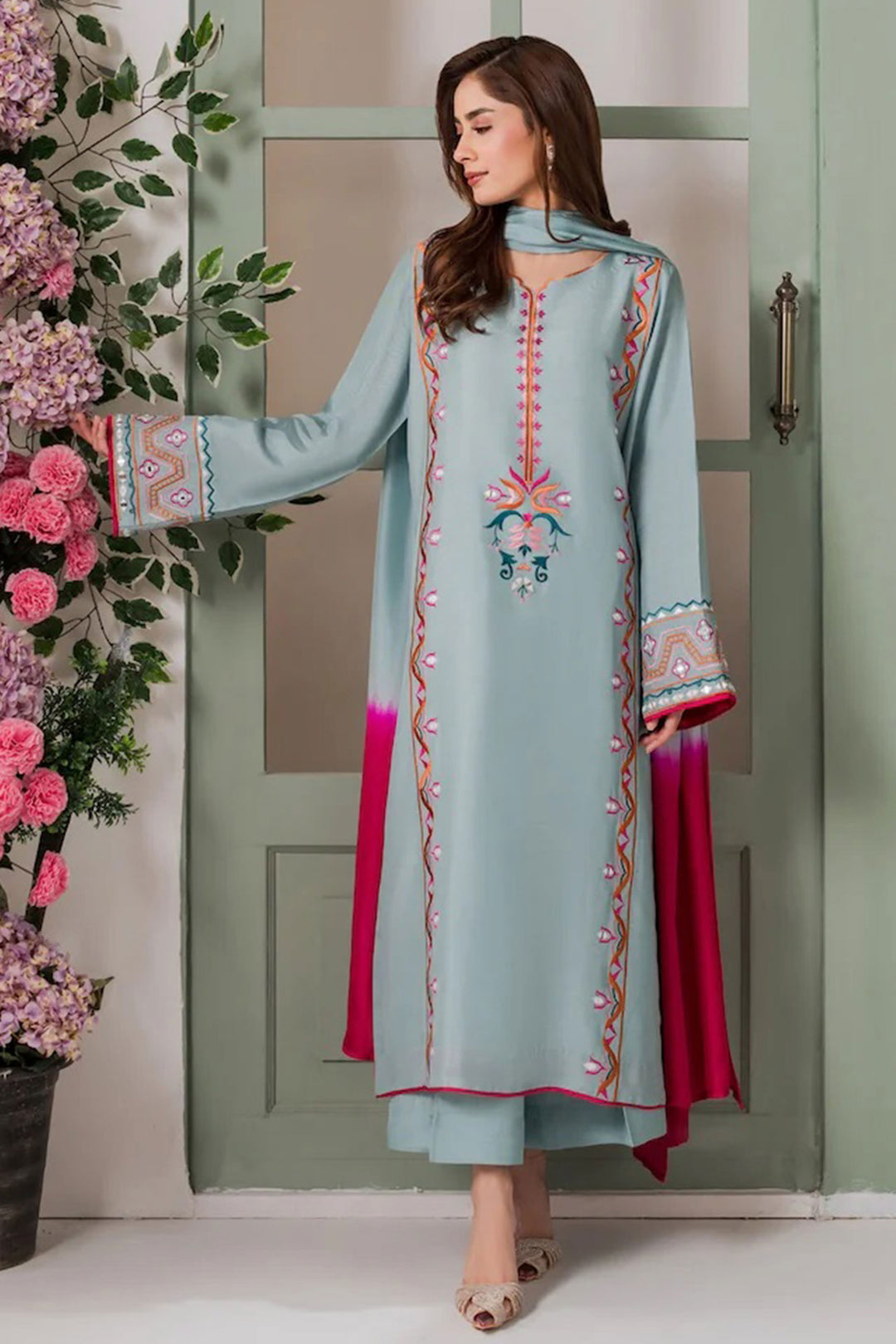 Cyan Color Crepe Fabric Beautiful Festive Style Salwar Suit