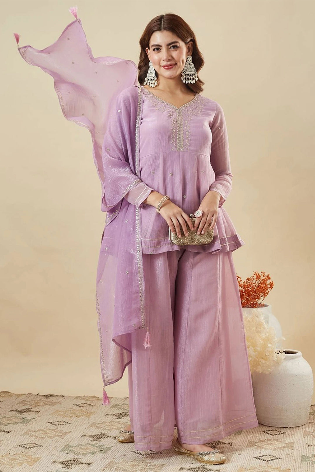 Art Silk Lavender Embroidered Readymade Sharara Suit | Buy Online India