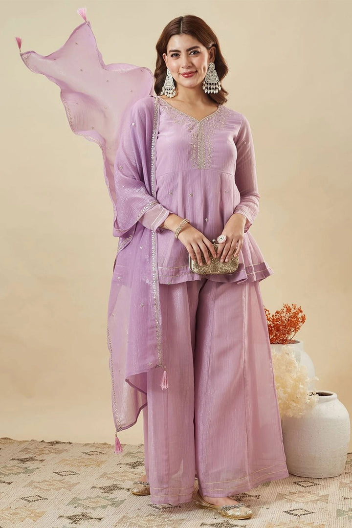 Art Silk Lavender Embroidered Readymade Sharara Suit | Buy Online India