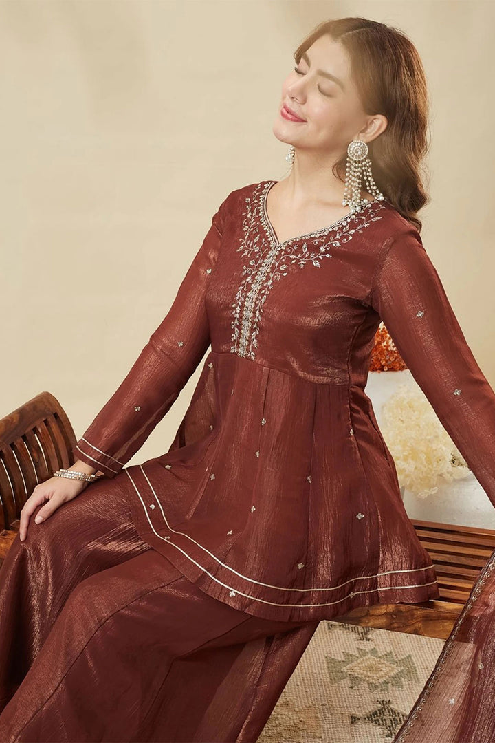 Art Silk Readymade Sharara Suit In Brown Color | Buy Online India