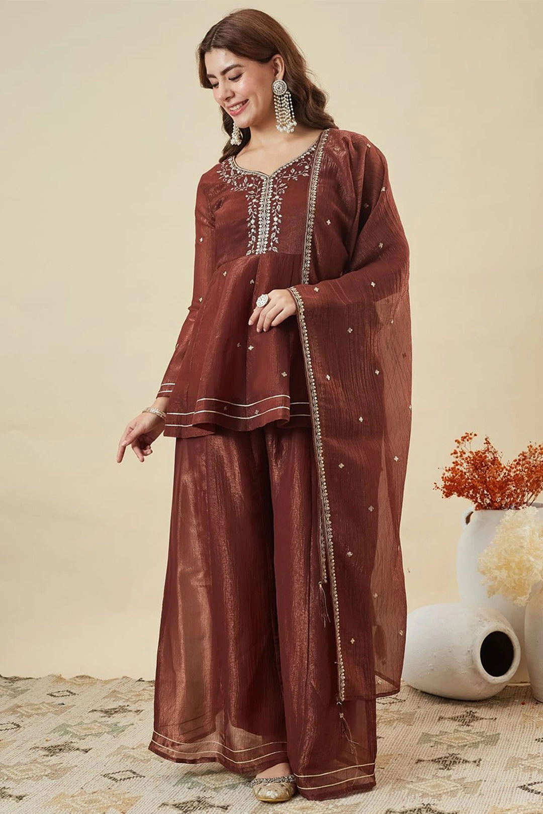 Art Silk Readymade Sharara Suit In Brown Color | Buy Online India