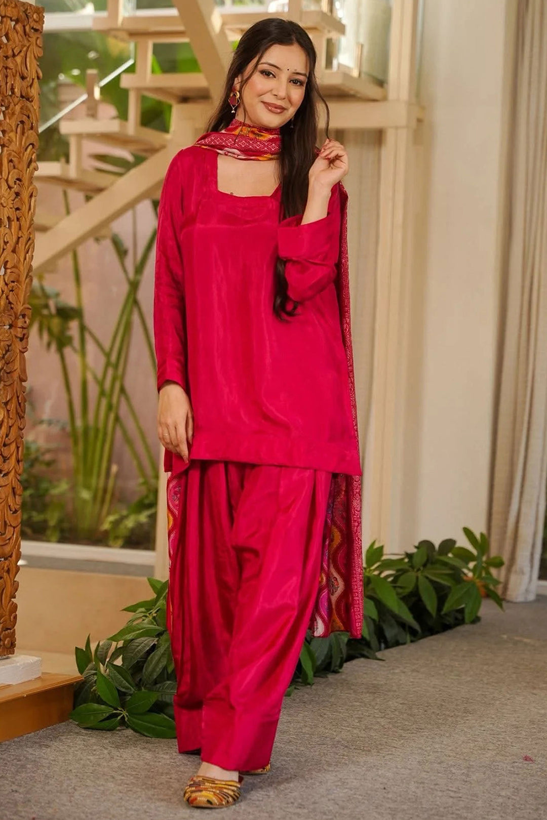 Engaging Rani Color Crepe Fabric Readymade Patiala Suit | Buy Online India